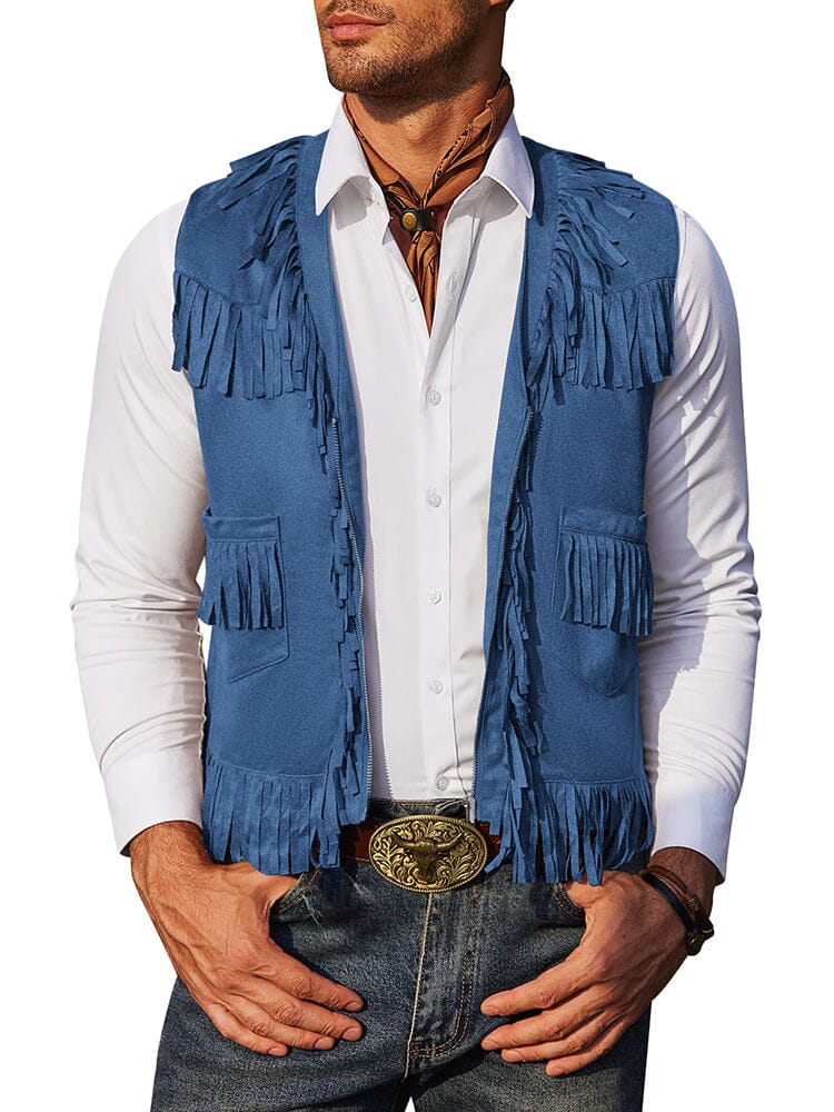 Western Cowboy Fringe Suede Vest (US Local) Vest coofandy Blue S 