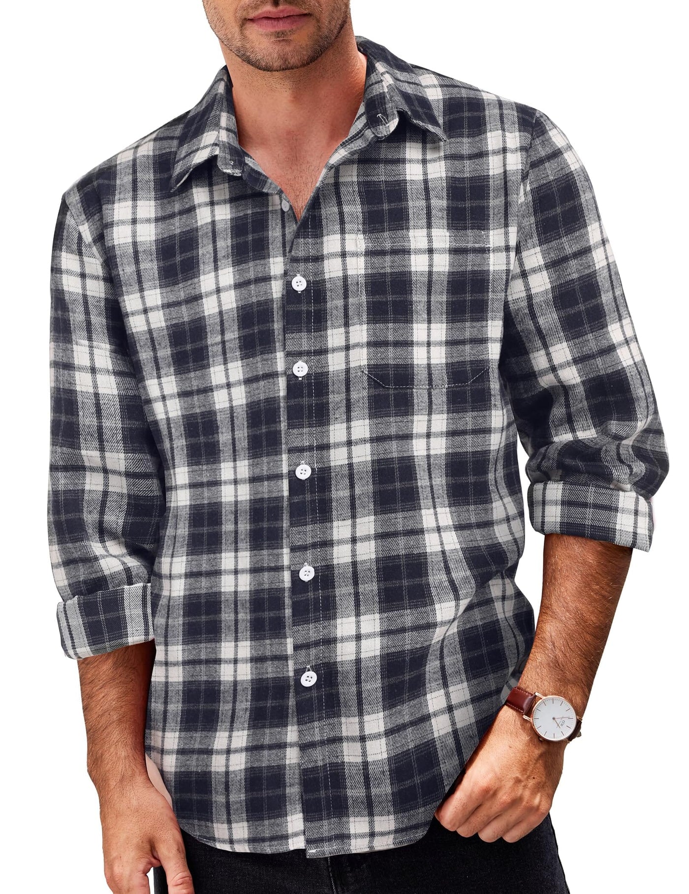 Casual Checked Flannel Shirt Shirts coofandy Navy Blue/White S 