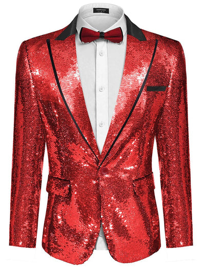 Men's Shiny Sequins Suit Jacket (US Only) Blazer coofandy Red Lapel Sequins XS 
