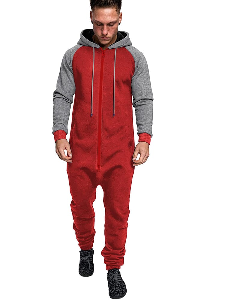 Casual Full Zip Hooded Jumpsuit (US Only) Jumpsuit coofandy Red/Grey S 