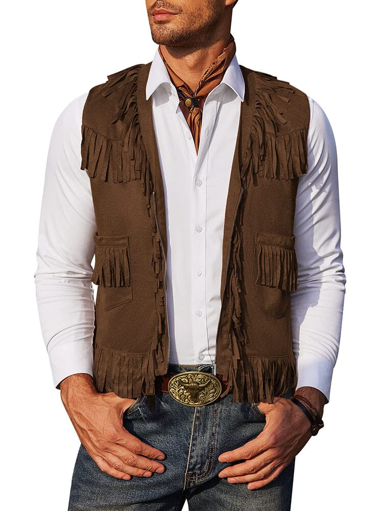 Western Cowboy Fringe Suede Vest (US Local) Vest coofandy Coffee S 
