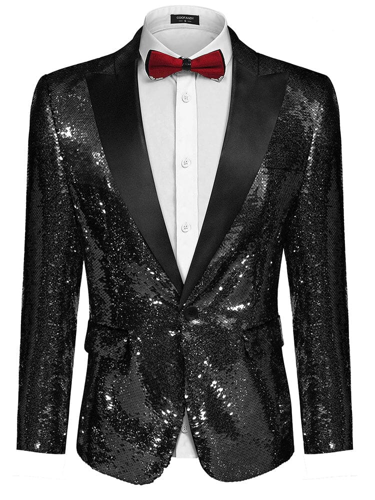 Men's Shiny Sequins Suit Jacket (US Only) Blazer coofandy Black XS 
