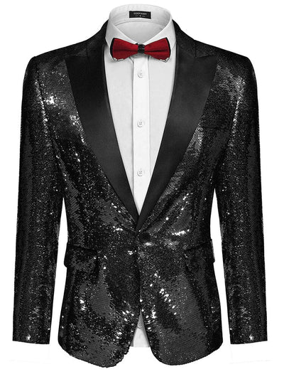 Men's Shiny Sequins Suit Jacket (US Only) Blazer coofandy Black XS 