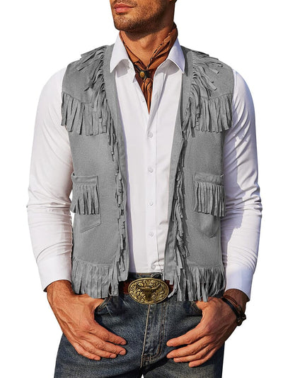 Western Cowboy Fringe Suede Vest (US Local) Vest coofandy Grey S 
