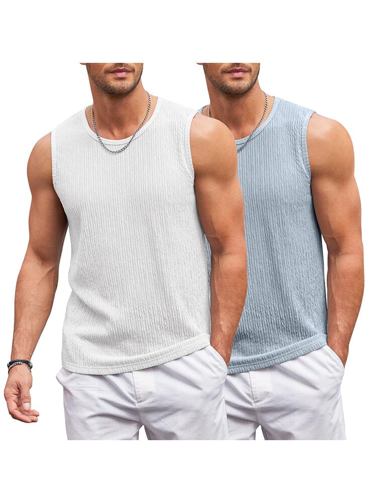 Jacquard Knit 2 Packs Tank Top (US Only) Tank Tops coofandy White/Light Blue S 