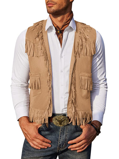Western Cowboy Fringe Suede Vest (US Local) Vest coofandy Light Khaki S 