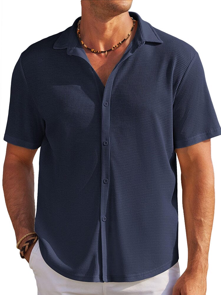 Casual Waffle Knit Button Down Shirt (US Only) Shirts & Polos coofandy Navy Blue S 