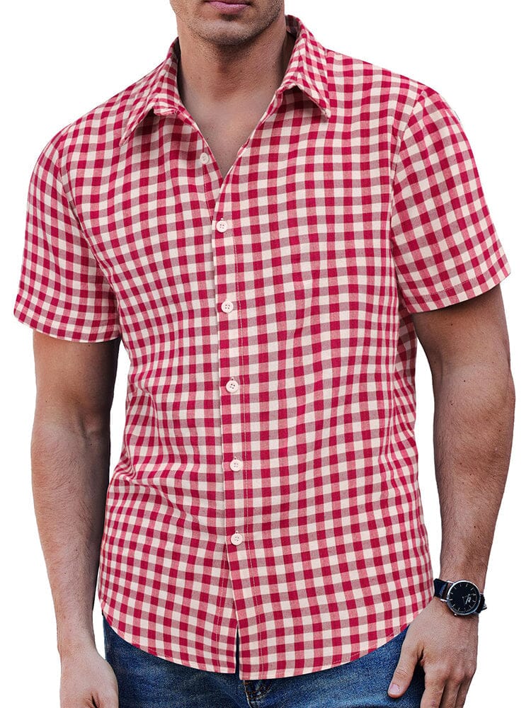 Classic Short Sleeve Checkered Shirt Shirts coofandy White/Red S 