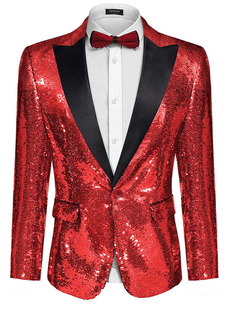 Men's Shiny Sequins Suit Jacket (US Only) Blazer coofandy Red XS 