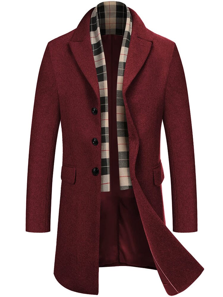 Wool Blend Coat with Detachable Plaid Scarf (US Only) Coat COOFANDY Store Wine Red S 
