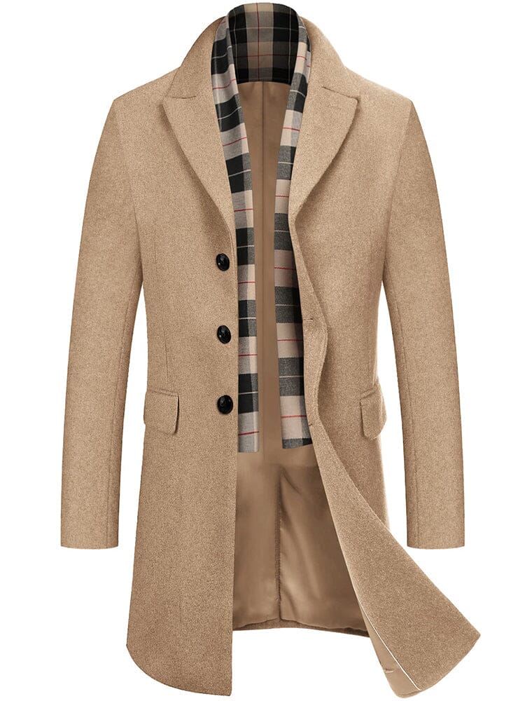 Wool Blend Coat with Detachable Plaid Scarf (US Only) Coat COOFANDY Store Khaki S 