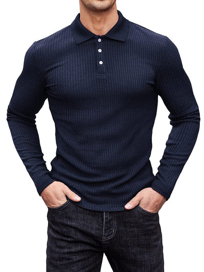 Stretchy Slim Fit Knit Polo Shirt (US Only) Polos coofandy Navy Blue S 
