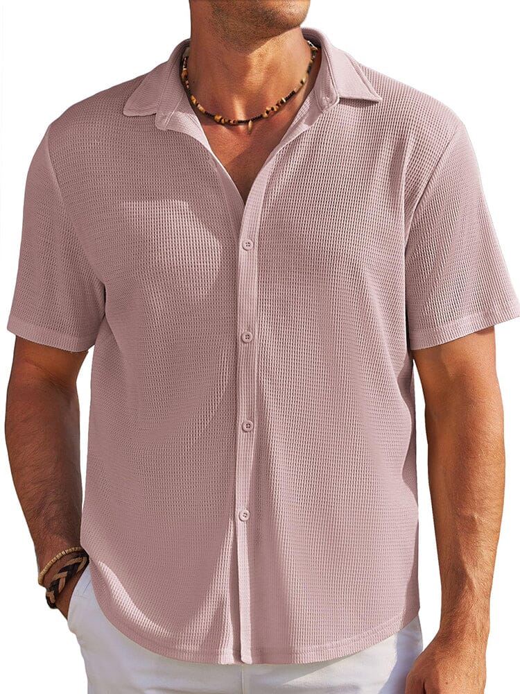 Casual Waffle Knit Button Down Shirt (US Only) Shirts & Polos coofandy Pink S 