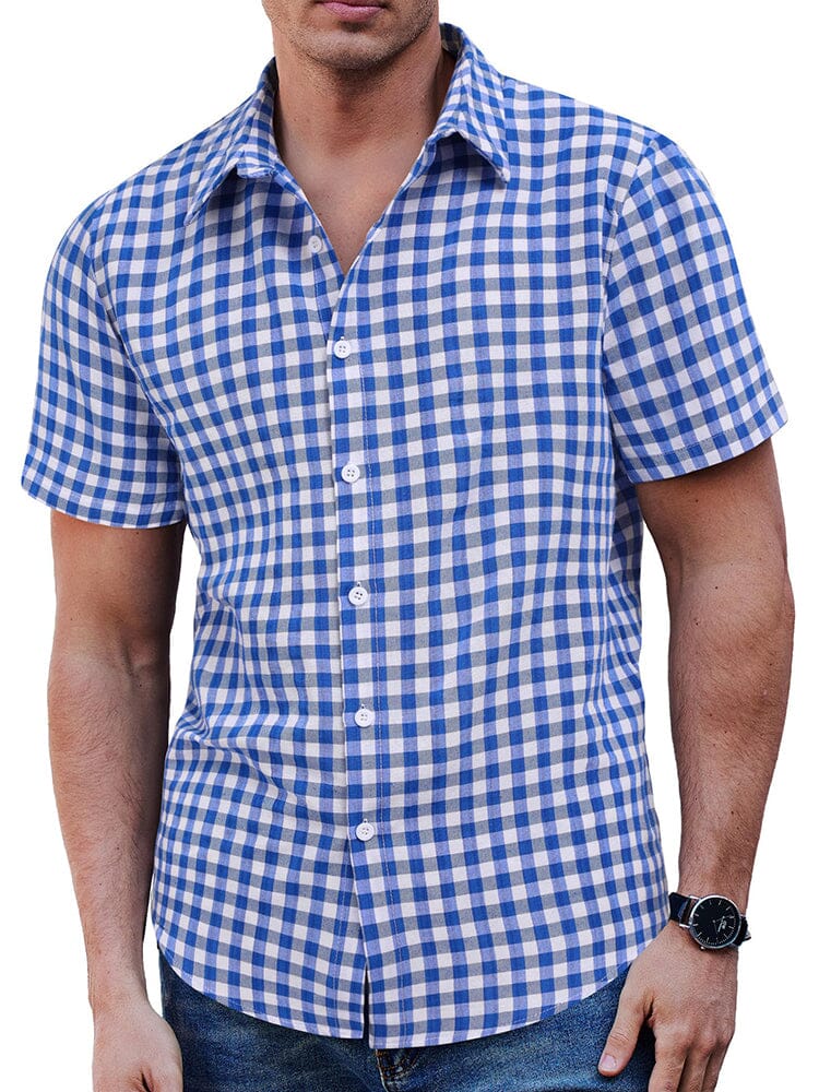 Classic Short Sleeve Checkered Shirt Shirts coofandy White/Blue S 