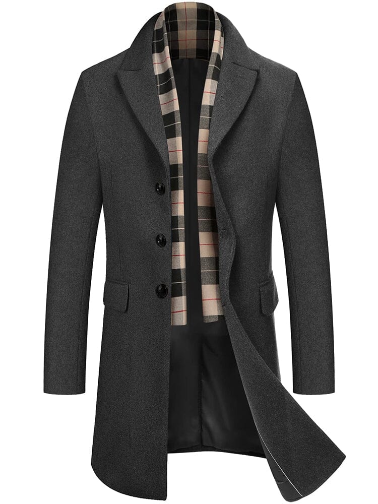 Wool Blend Coat with Detachable Plaid Scarf (US Only) Coat COOFANDY Store Grey S 
