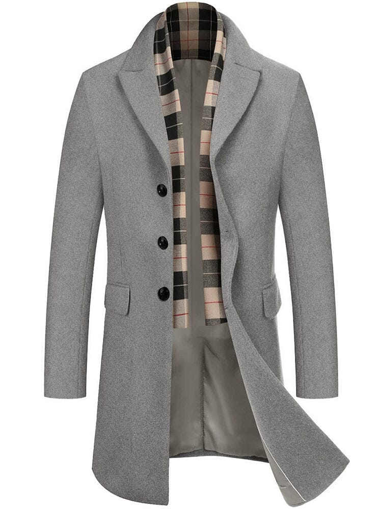 Wool Blend Coat with Detachable Plaid Scarf (US Only) Coat COOFANDY Store Light Grey S 