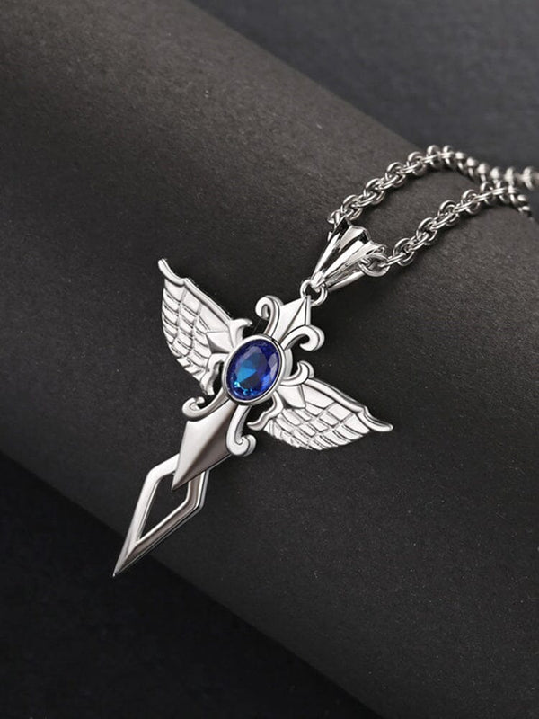 Angel Wing Cross Pendant Necklace Necklace coofandy Blue One Size 