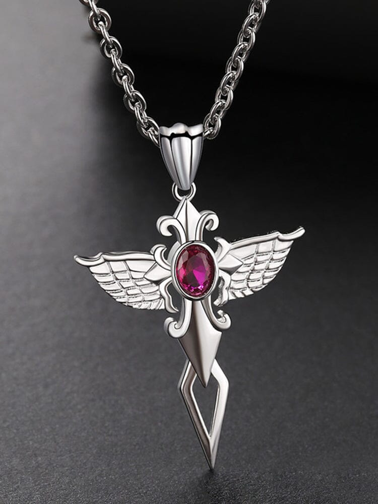 Angel Wing Cross Pendant Necklace Necklace coofandy Red One Size 