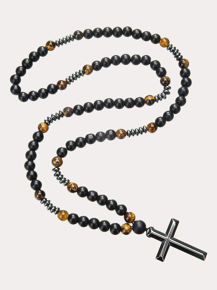 Tiger Beaded Cross Pendant Necklace