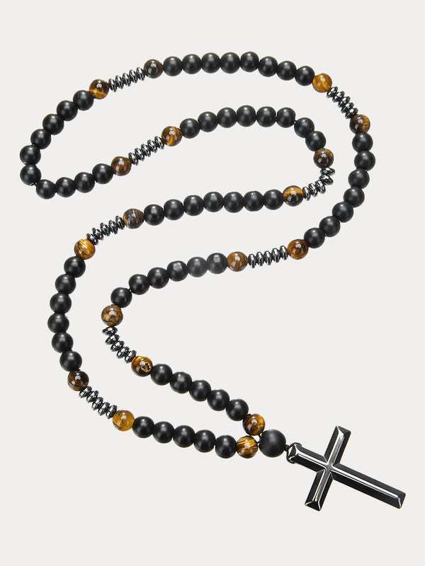 Tiger Beaded Cross Pendant Necklace