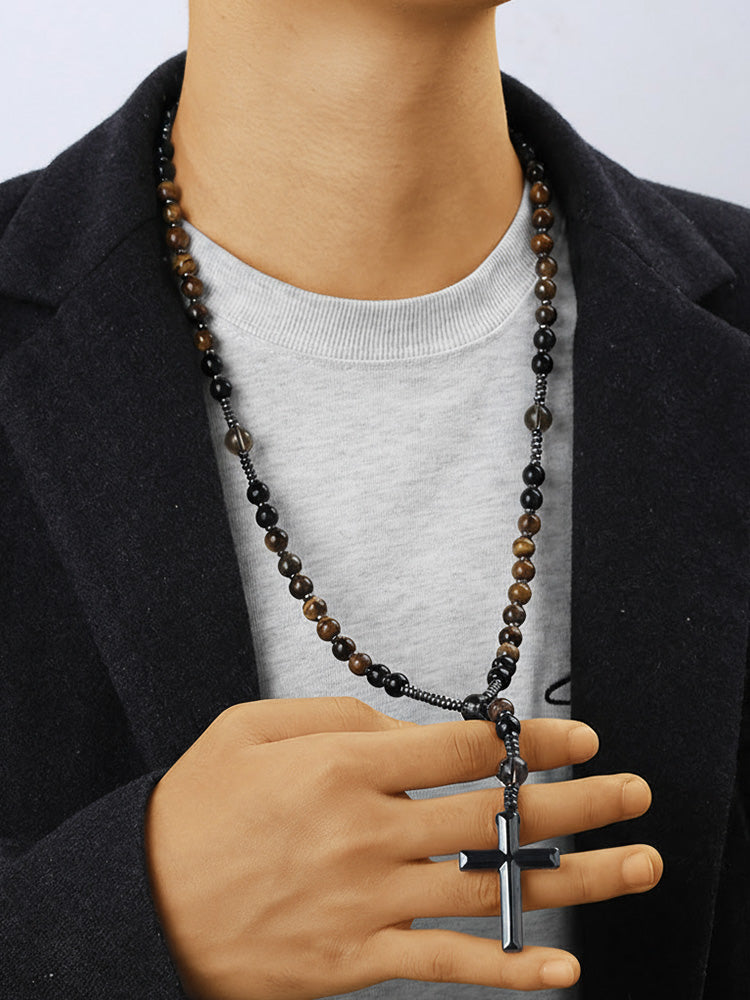 Tiger Beaded Cross Pendant Necklace