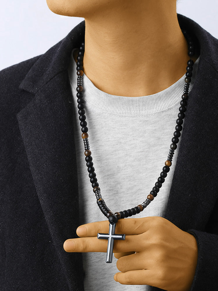 Tiger Beaded Cross Pendant Necklace