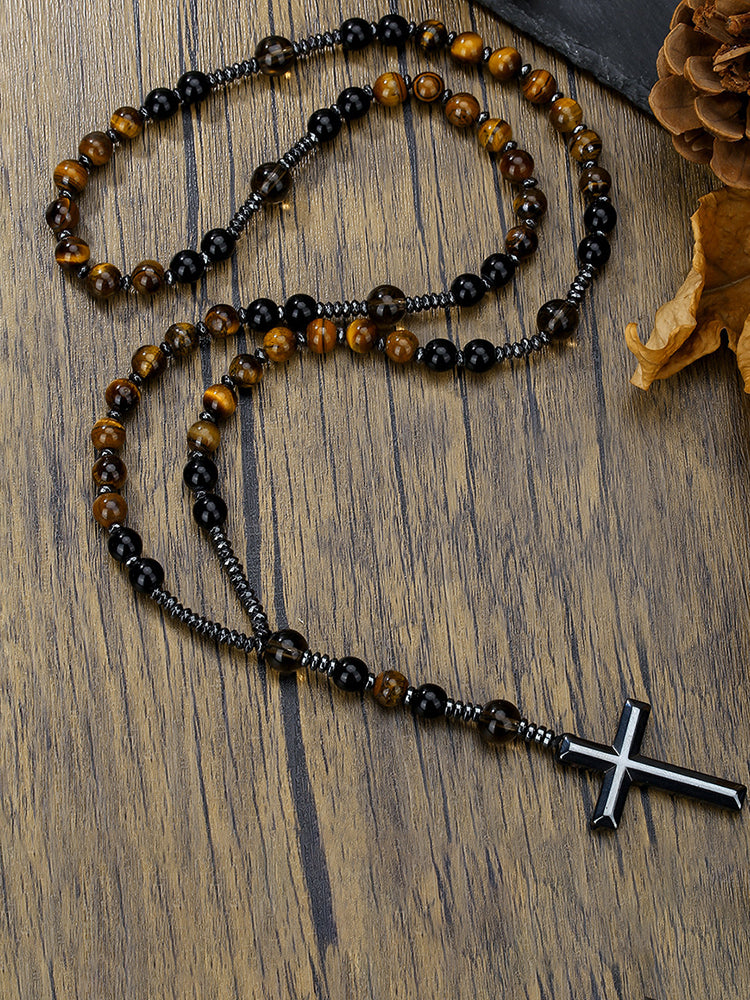 Tiger Beaded Cross Pendant Necklace