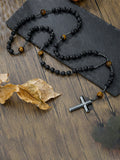 Tiger Beaded Cross Pendant Necklace