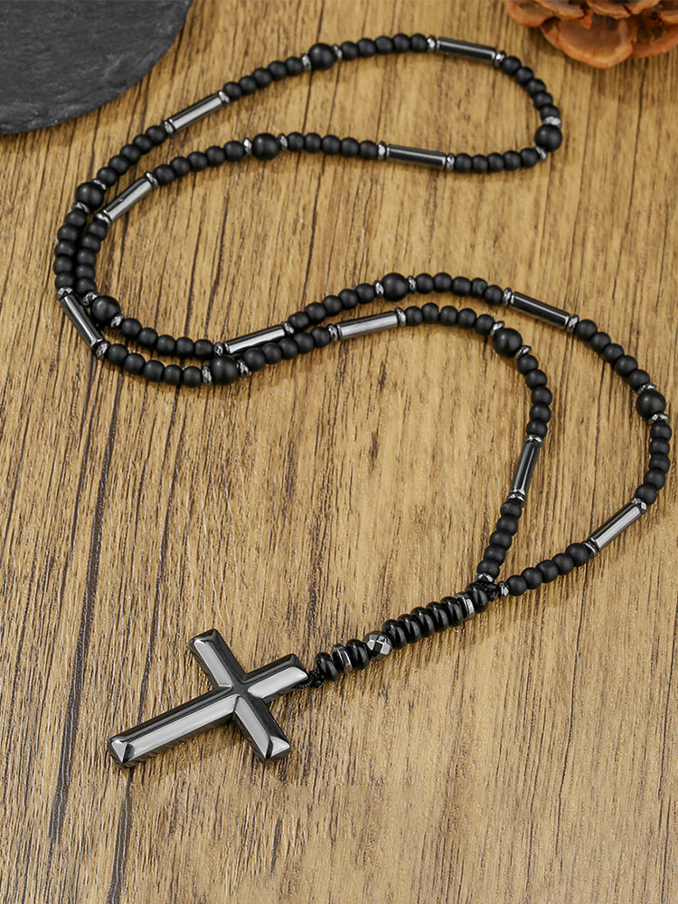 Tiger Beaded Cross Pendant Necklace