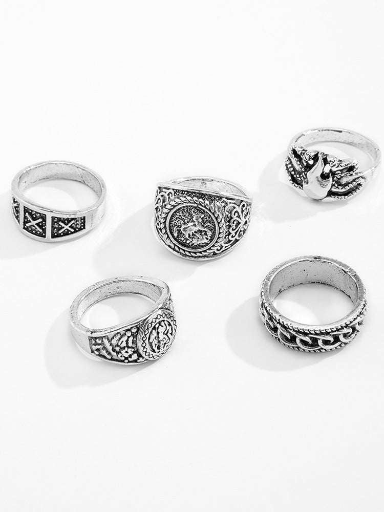 Retro Totem Design 5 Pcs Ring Set