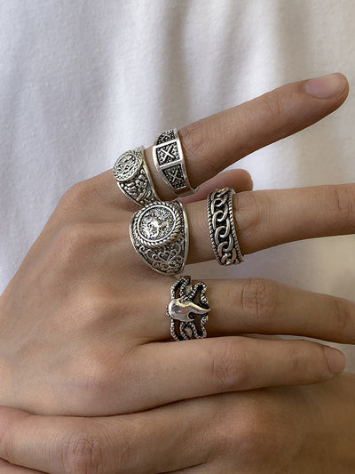 Retro Totem Design 5 Pcs Ring Set