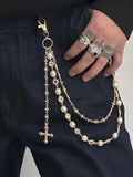 Streetwear Punk Rhinestone Cross Pendant Pants Chain