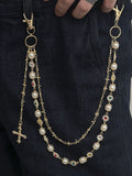 Streetwear Punk Rhinestone Cross Pendant Pants Chain