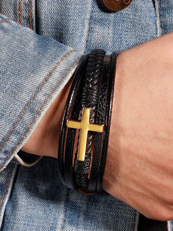 Multi-Layer Braided Leather Cross Bracelet