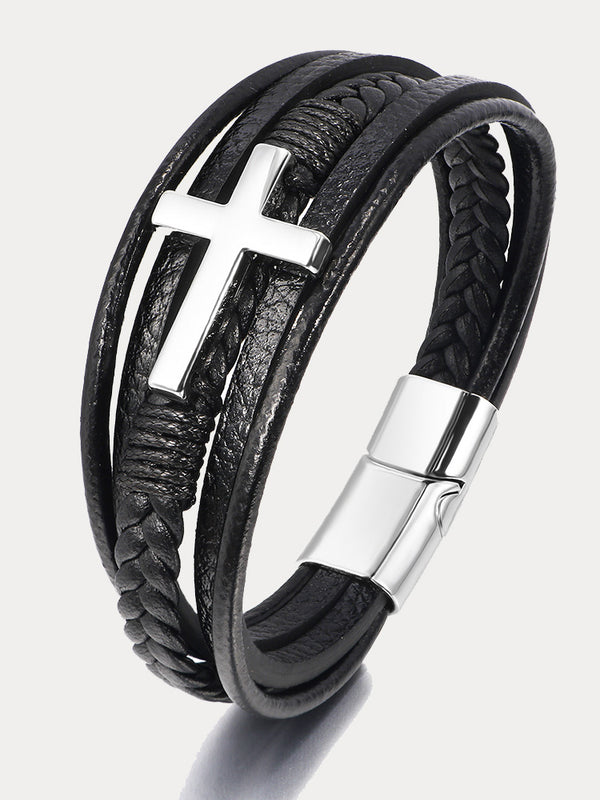 Multi-Layer Braided Leather Cross Bracelet