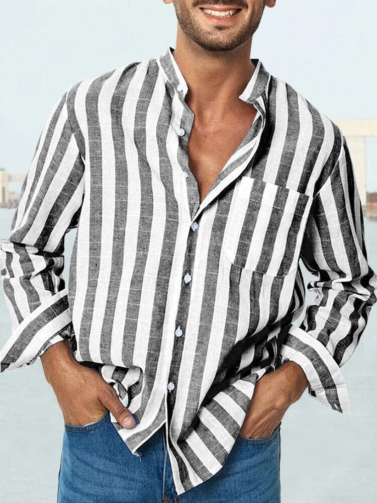 mens striped casual dress shirt Men's Brown Striped Cotton Linen Slim Fit Casual Shirt