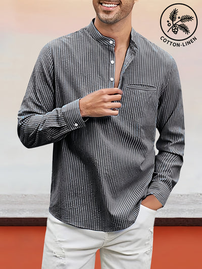 Casual Stand Collar Cotton Linen Stripe Henley Shirt Shirts coofandy Dark Grey M 
