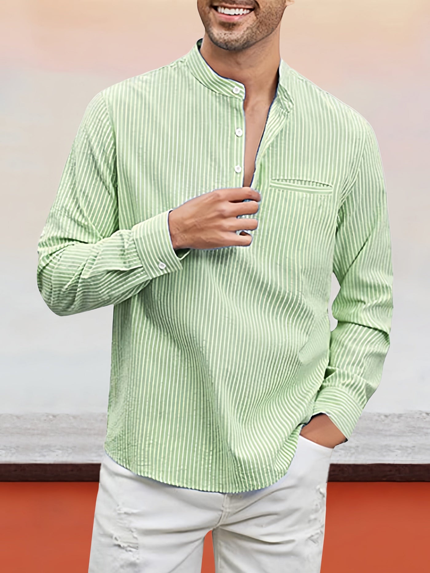 Casual Stand Collar Cotton Linen Stripe Henley Shirt Shirts coofandy Light Green M 