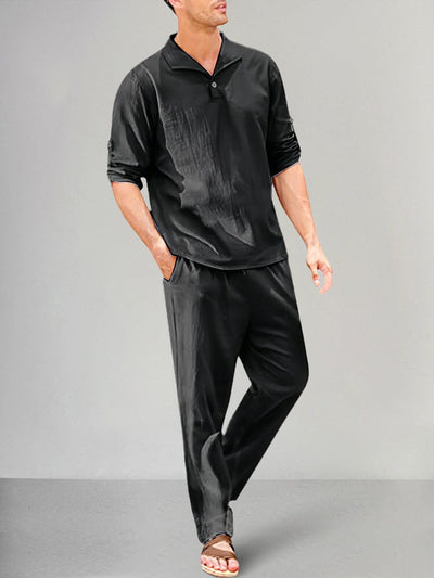 Classic Solid Cotton Linen Pullover Shirt Set Sets coofandy Black M 