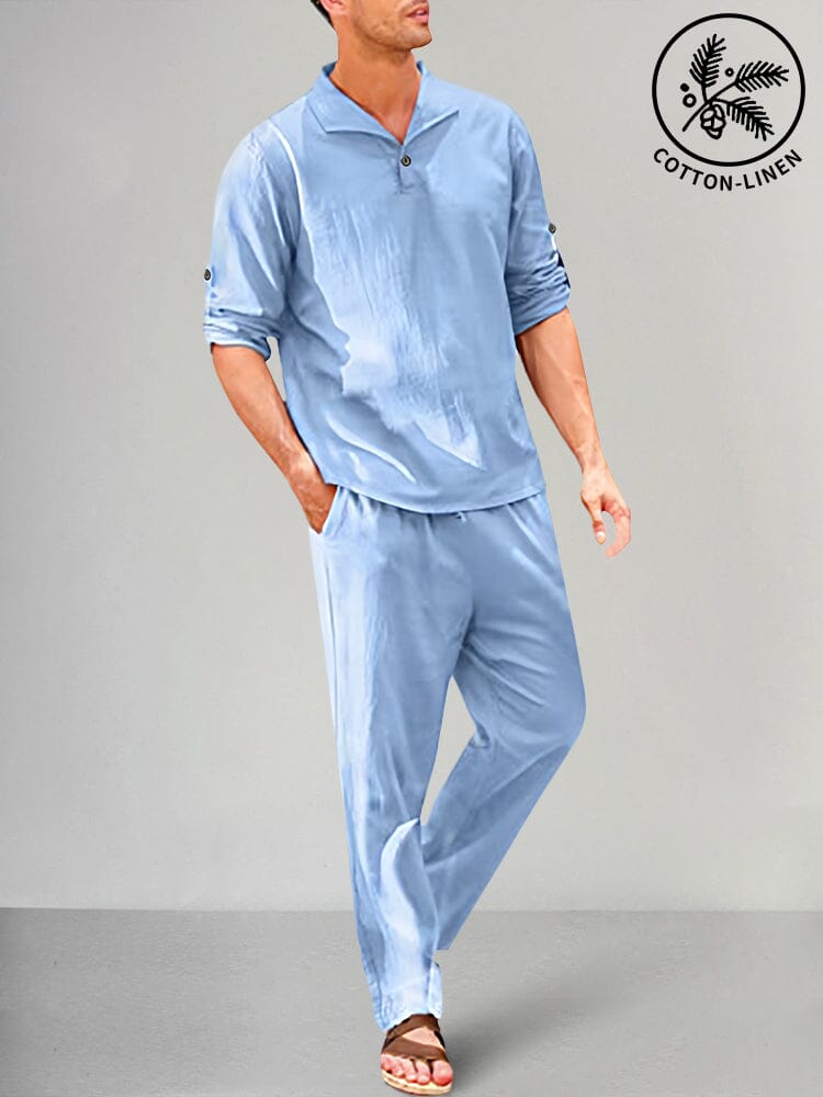 Classic Solid Cotton Linen Pullover Shirt Set Sets coofandy Clear Blue M 