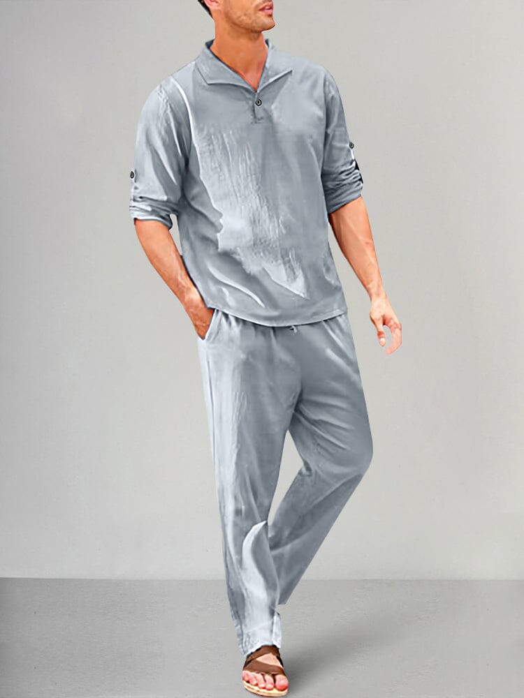 Classic Solid Cotton Linen Pullover Shirt Set Sets coofandy Light Grey M 