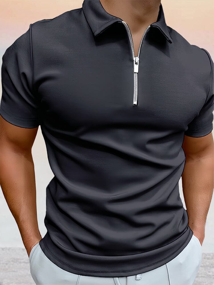 Zipper Solid Short Sleeve Polo Shirt Shirts & Polos coofandystore Black S 