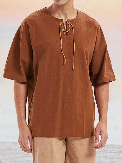 Vintage Drawstring Loose Fit T-shirt T-shirt coofandy Brown M 