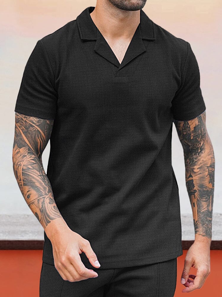 Casual Waffle Grid Short Sleeve Top T-shirt coofandy Black M 