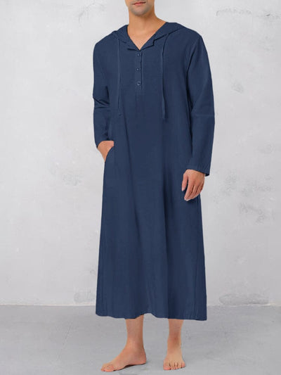 Solid Cotton Linen Hooded Robe Robe coofandy Navy Blue S 