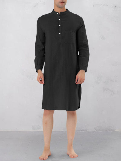 Stand Collar Cotton Linen Long Shirt Shirts coofandy Black S 