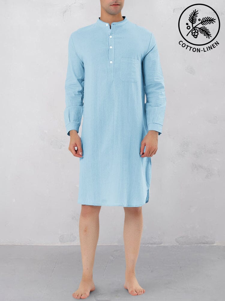 Stand Collar Cotton Linen Long Shirt Shirts coofandy Clear Blue S 