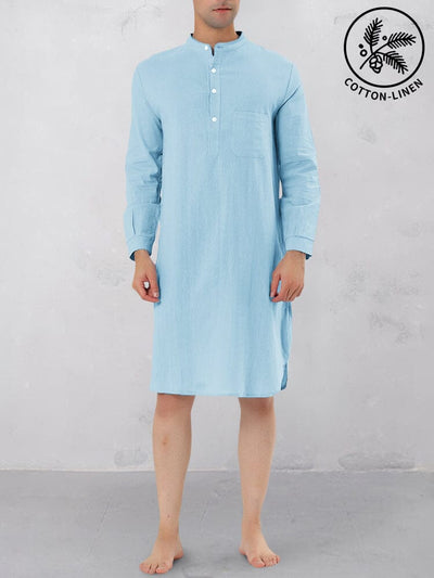 Stand Collar Cotton Linen Long Shirt Shirts coofandy Clear Blue S 