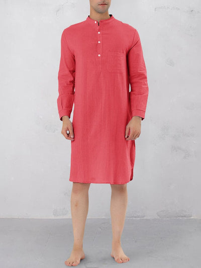 Stand Collar Cotton Linen Long Shirt Shirts coofandy Red S 