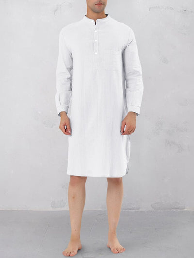 Stand Collar Cotton Linen Long Shirt Shirts coofandy White S 